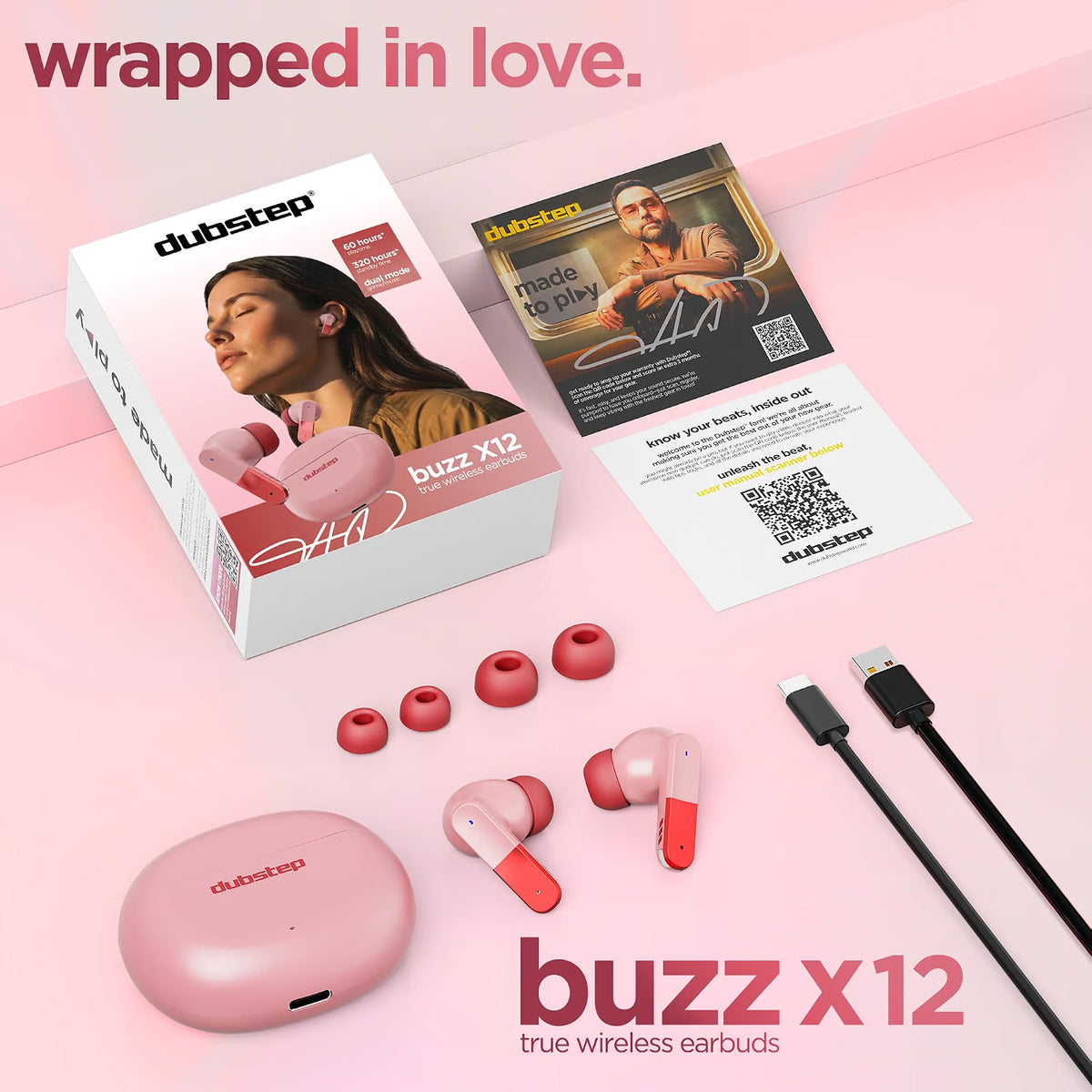 Dubstep Buzz X12 TWS Wireless Earbuds, 60H Playtime, Bluetooth 6.0, ENC Noise Cancellation, 13mm Drivers, Game & Music Mode, Touch Control, Type-C Fast Charging (Pink)