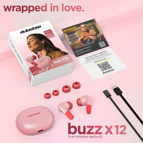 Dubstep Buzz X12 TWS Wireless Earbuds, 60H Playtime, Bluetooth 6.0, ENC Noise Cancellation, 13mm Drivers, Game & Music Mode, Touch Control, Type-C Fast Charging (Pink)