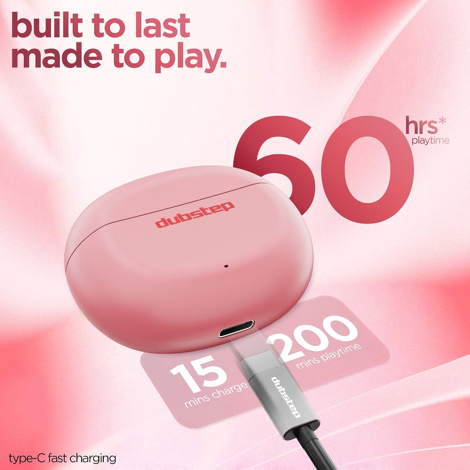 Dubstep Buzz X12 TWS Wireless Earbuds, 60H Playtime, Bluetooth 6.0, ENC Noise Cancellation, 13mm Drivers, Game & Music Mode, Touch Control, Type-C Fast Charging (Pink)